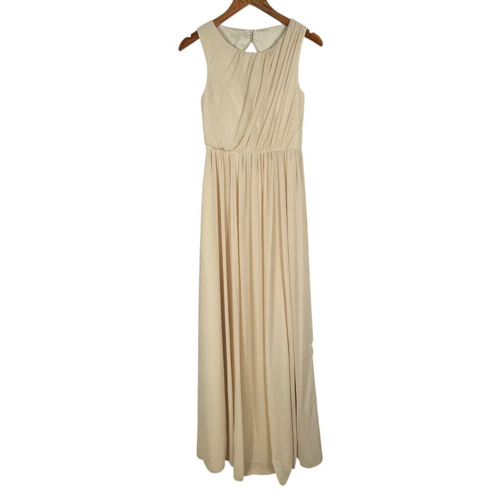 Jenny Yoo Champagne Ivory Pleated Chiffon Open Back Maxi Gown Size 2 - Picture 2 of 11